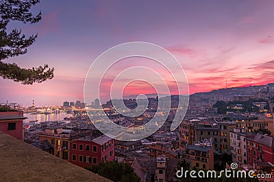 Genoa, Italy - 06 12 2021: View of the port of Genoa at sunset from Spianata Castelletto. Editorial Stock Photo