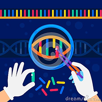 Genome sequencing concept. Nanotechnology and biochemistry laboratory. The hands of a scientist working with a dna helix Vector Illustration