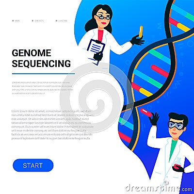 Genome sequencing concept. Scientists working in Nanotechnology or biochemistry laboratory. Molecule helix of dna Vector Illustration