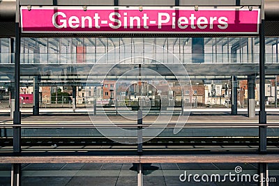 Gent Sint-Pieters railway station name sign. Ghent, Flanders, Belgium Editorial Stock Photo