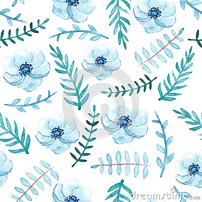 Gentle Blue Flowers and Leaves Seamless Pattern Stock Photo