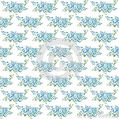 Gentle blue roses, a bouquet of flowers. Seamless pattern. watercolor illustration. Cartoon Illustration