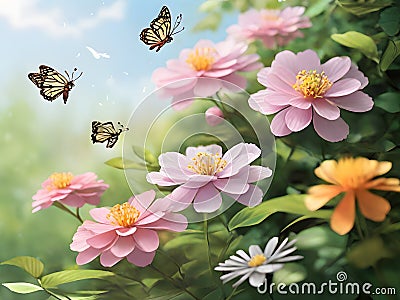 A gentle breeze moves through the scene, causing the petals of the flowers to sway gracefully. Stock Photo