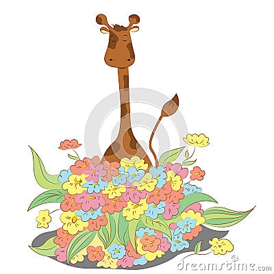 Gentle and cheerful giraffe with a large bouquet of flowers. Vector Illustration