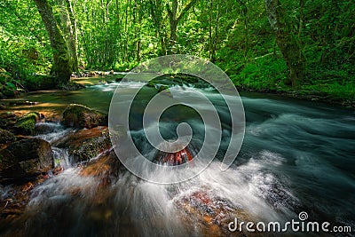 The gentle current of a calm river caresses orange boulders between leafy forests Stock Photo