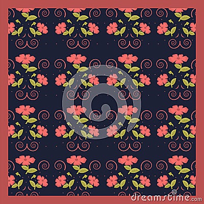 Gentle cute scarf pattern of flowers in trendy coral color on the navy background Vector Illustration