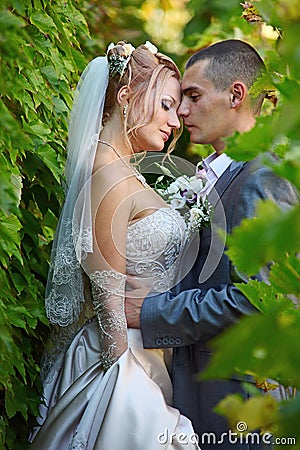 Gentle embrace of a newly-married couple Stock Photo