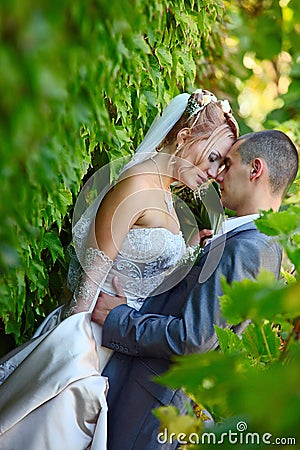 Gentle embrace of a newly-married couple Stock Photo