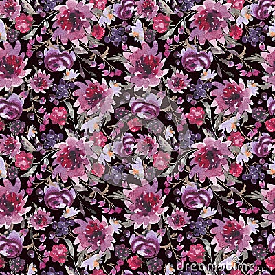 Gentle Fall Watercolor Vintage Seamless Pattern with Purple Chrysanthemum Stock Photo