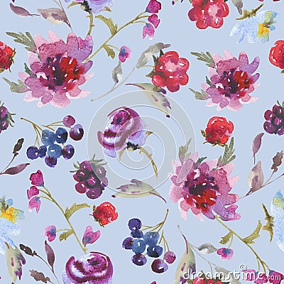 Gentle Fall Watercolor Vintage Seamless Pattern with Purple Chrysanthemum Stock Photo