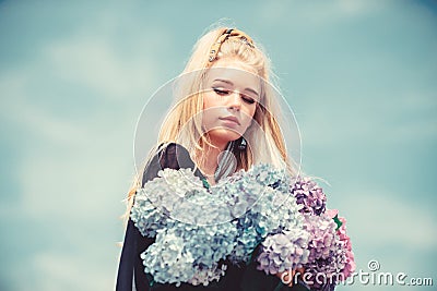 Gentle flowers for delicate woman. Pure beauty. Tenderness of young skin. Beauty of spring season. Girl tender blonde Stock Photo