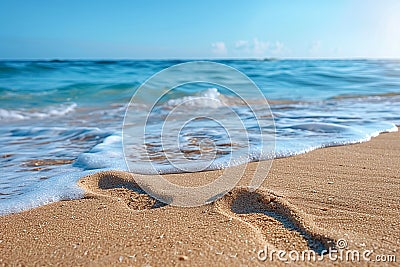 Gentle footprints in the sand leading towards the ocean Stock Photo