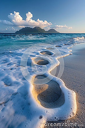 Gentle footprints in the sand leading towards the ocean Stock Photo