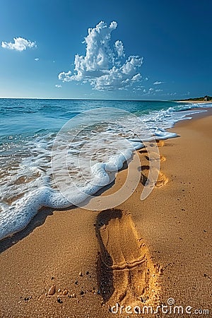 Gentle footprints in the sand leading towards the ocean Stock Photo