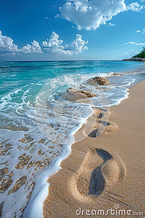 Gentle footprints in the sand leading towards the ocean Stock Photo