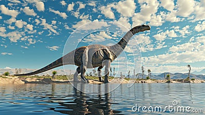 The gentle giant Diplodocus wades through the shallow oasis water ripples forming around its large and powerful body Stock Photo