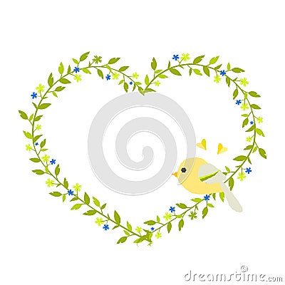 Gentle green heart-shaped wreath with a yellow bird Vector Illustration