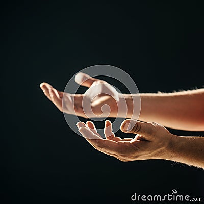 Gentle hands for cooperation or help. Fathers hands ready to help and support. Human requesting and supplicationing Stock Photo