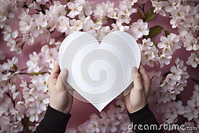 Gentle hands hold an ethereal, empty paper heart, set against a backdrop of vibrant flowers Stock Photo