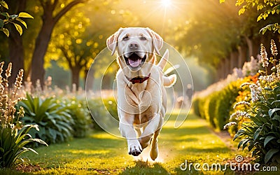 The gentle and highly intelligent Labrador Retriever is running in the park Stock Photo