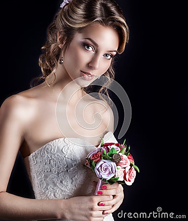 Gentle portrait of happy smiling beautiful girls in white wedding dress Stock Photo