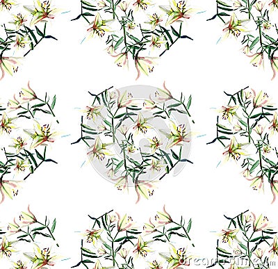 Gentle refined beautiful spring pattern of white beige powdery hearts lilies on white background pattern Cartoon Illustration