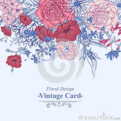 Gentle Retro Summer Floral Greeting Card, Vintage Vector Illustration
