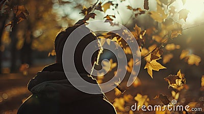 The gentle rustle of leaves and distant city sounds serve as the only company for the pensive individual. . Stock Photo