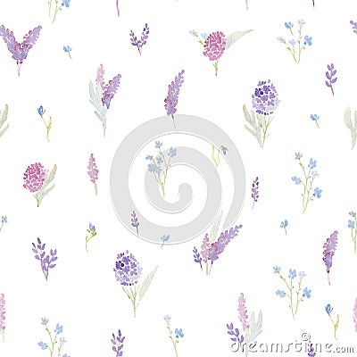 Gentle seamless pattern with pink and purple hydrangea and forget me not flowers. Romantic garden flowers. Cartoon Illustration