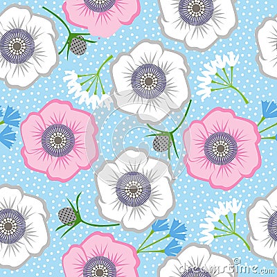 Gentle seamless polka dot pattern with flowers. Cute simple floral ornament. Vector Illustration