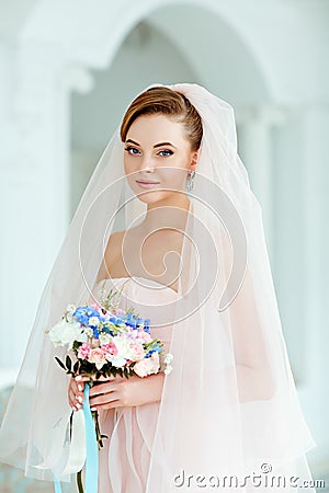 Gentle, sensual portrait of very beautiful girls bride blonde in Stock Photo