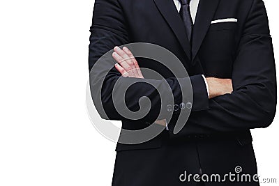 Gentle serious working manager businessman arms cross isolated Stock Photo