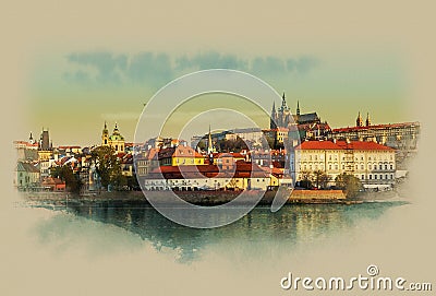 Gentle summer sunrise over the old town on the Vltava river in Prague, Czech Republic. Watercolor sketch. Stock Photo