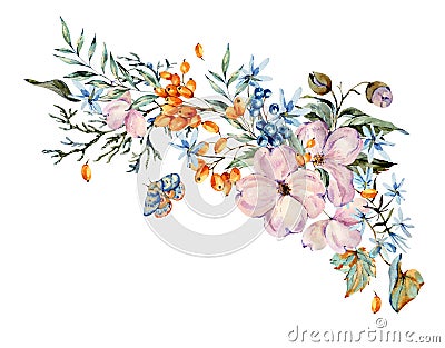 Gentle watercolor bouquet with pink, light blue flowers, blue and orange berries, twigs, leaves, buds Cartoon Illustration