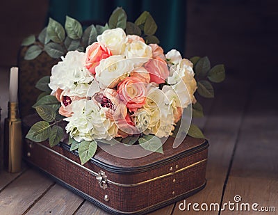 Gentle wedding bouquet on the bag Stock Photo