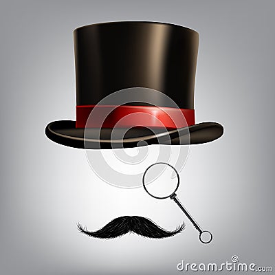Gentleman accessories: hat cylinder, monocle and moustache. Vector illustration. Vector Illustration