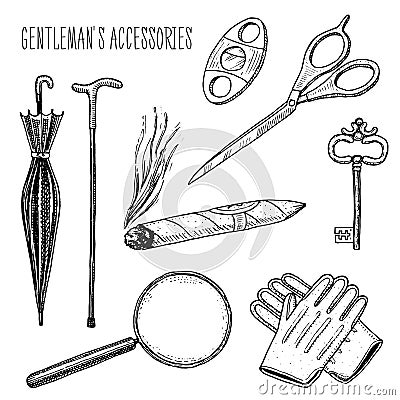 Gentleman accessories. hipster or businessman, victorian era. engraved hand drawn in old vintage sketch. scissors and Vector Illustration