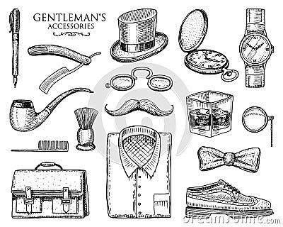 Gentleman accessories. hipster or businessman, victorian era. engraved hand drawn vintage. brogues, mustache, shirt and Vector Illustration