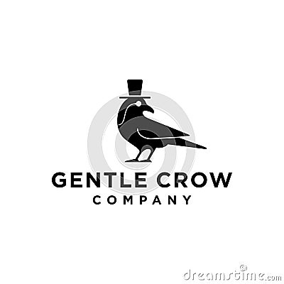 Gentleman black raven crow with monocle glasses and bowler top hat icon logo Vector Illustration