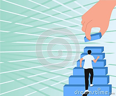 Gentleman Climbing Up Stair Case Trying To Reach Goals Hand Helping Representing Teamwork. Man Running Upwards Big Vector Illustration