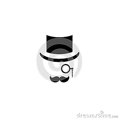 Gentleman icon isolated on white background. Silhouette of man`s head with moustache, lorgnette glasses and bowler hat Cartoon Illustration