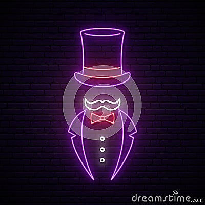 Gentleman neon sign. Bright signboard with cylinder hat and tuxedo. Vector Illustration