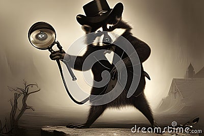 Gentleman raccoon wearing a hat and a coat. Amazing 3D Digital illustration. CG Artwork Background Cartoon Illustration