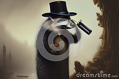 Gentleman raccoon wearing a hat and a coat. Amazing 3D Digital illustration. CG Artwork Background Cartoon Illustration