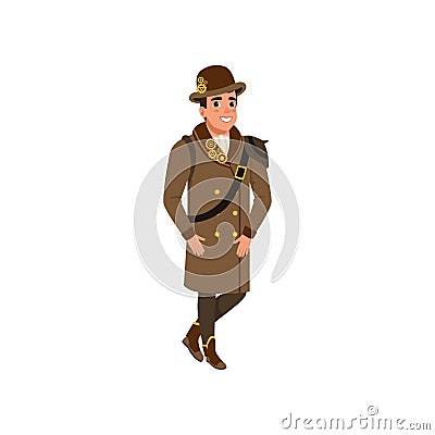 Gentleman in steampunk outfit. Young man wearing shirt, long brown coat, boots and bowler hat with gears. Flat vector Vector Illustration