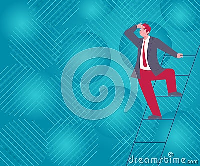 Gentleman In Suit Standing Ladder Searching Latest Plan Ideas Successfully Accomplishing Goals. Man Climbing Stairs Vector Illustration