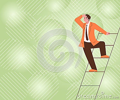 Gentleman In Suit Standing Ladder Searching Latest Plan Ideas Successfully Accomplishing Goals. Man Climbing Stairs Vector Illustration