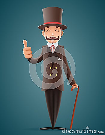 Gentleman Victorian Business Cartoon Character Icon English Background Retro Vintage Great Britain Design Vector Illustration