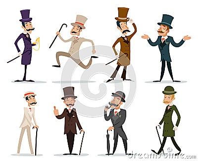 Gentleman Victorian Business Cartoon Character Icon Set English Background Retro Vintage Great Britain Design Vector Illustration