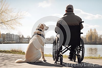 Gentleman wheelchair guide dog. Generate Ai Stock Photo